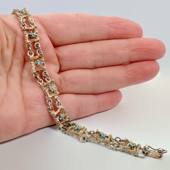Turquoise Bracelet, Sterling Silver, Brutalist, Modern, Bamboo, Unique, Unusual - Picture 4 of 5